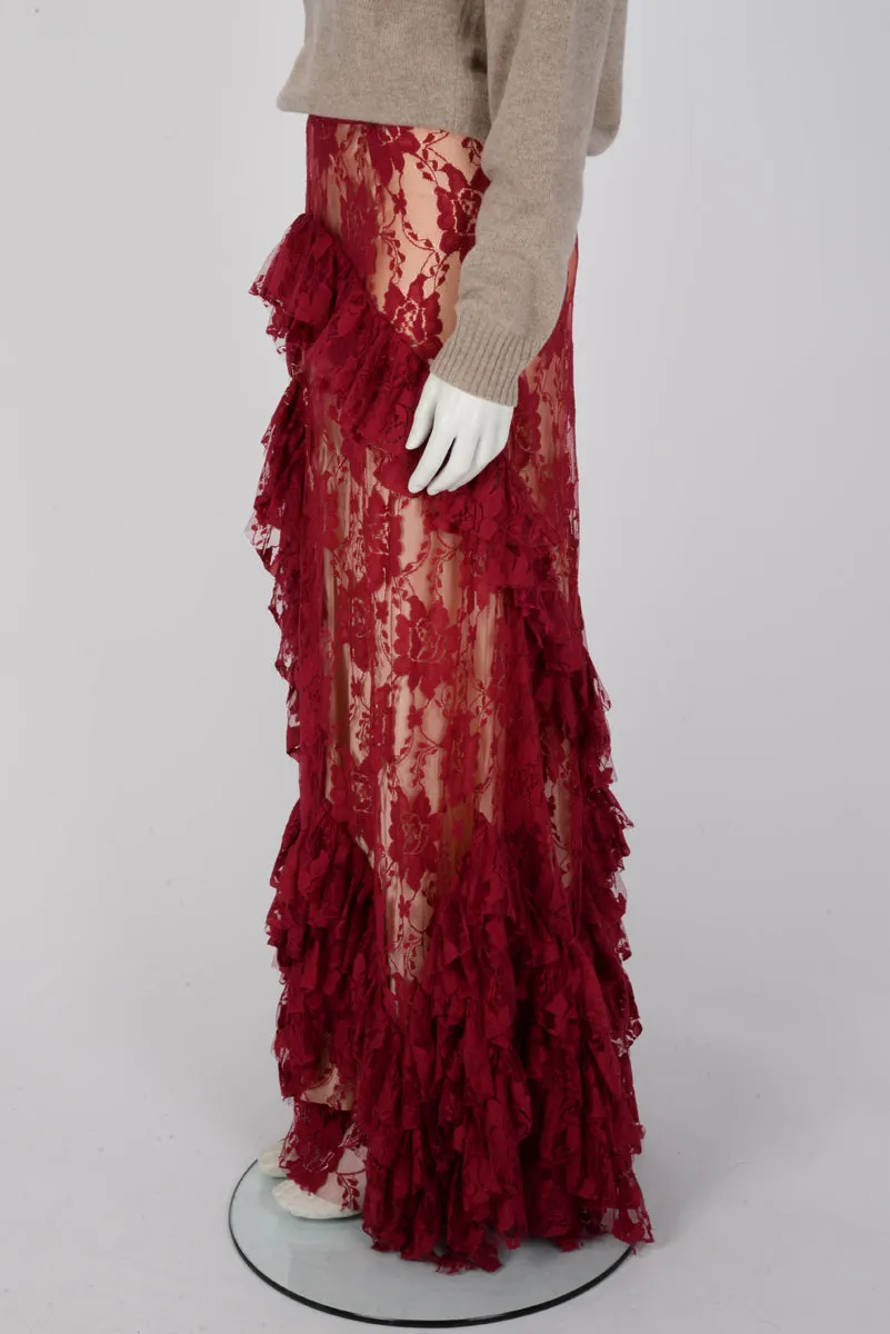 Galliano Scarlet Red Lace Maxi Split Skirt IT 40