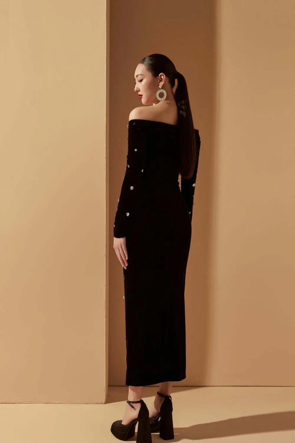 Genesis Sheath Off-Shoulder Velvet Midi Dress
