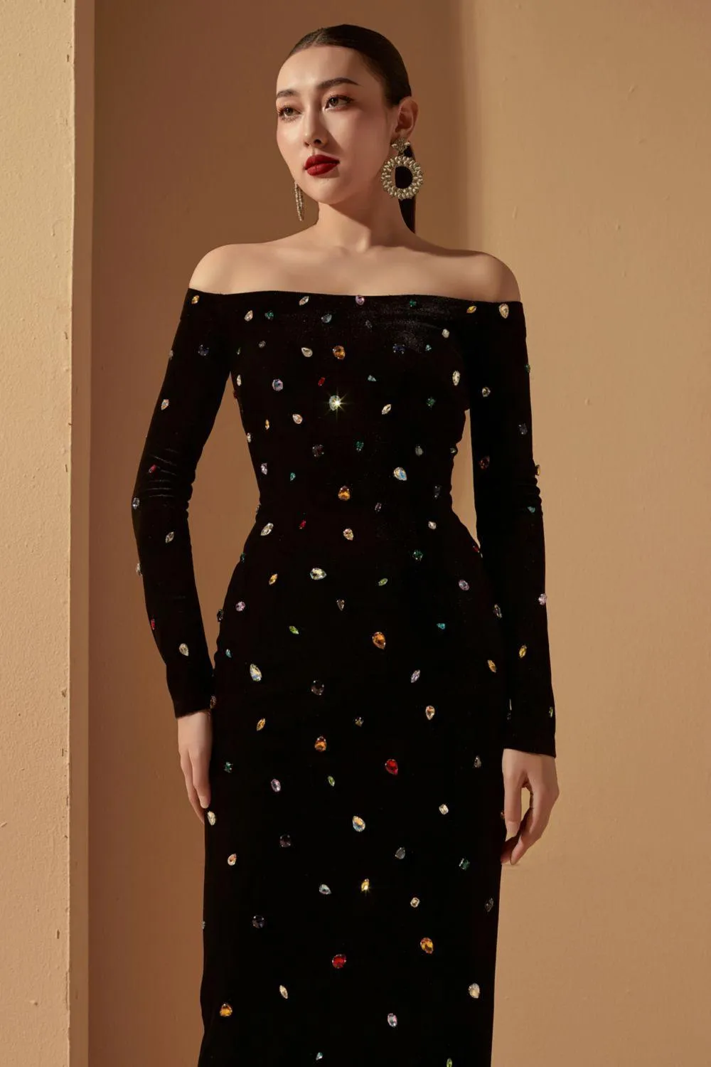 Genesis Sheath Off-Shoulder Velvet Midi Dress