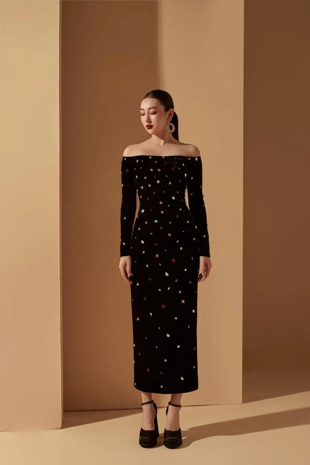 Genesis Sheath Off-Shoulder Velvet Midi Dress