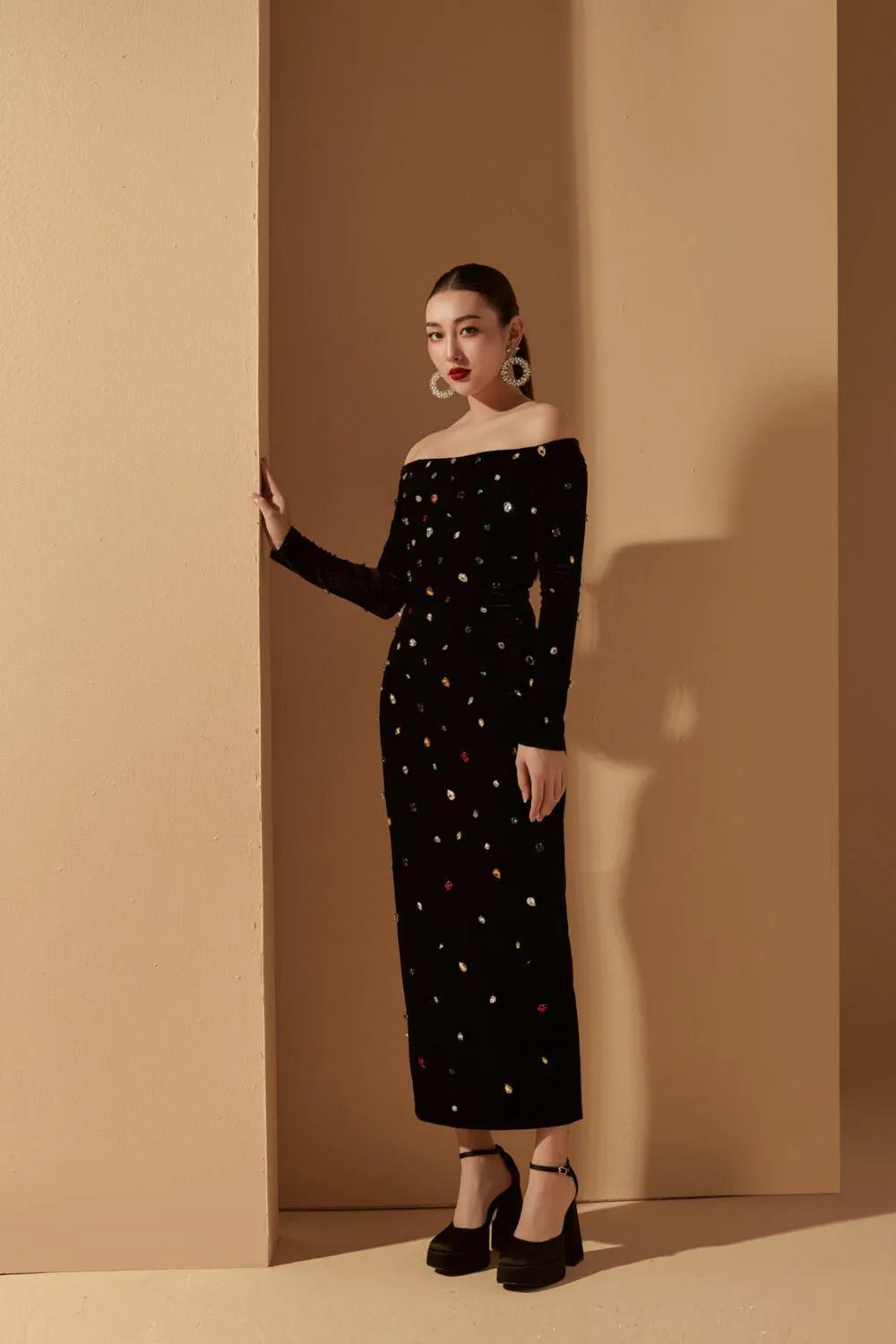Genesis Sheath Off-Shoulder Velvet Midi Dress
