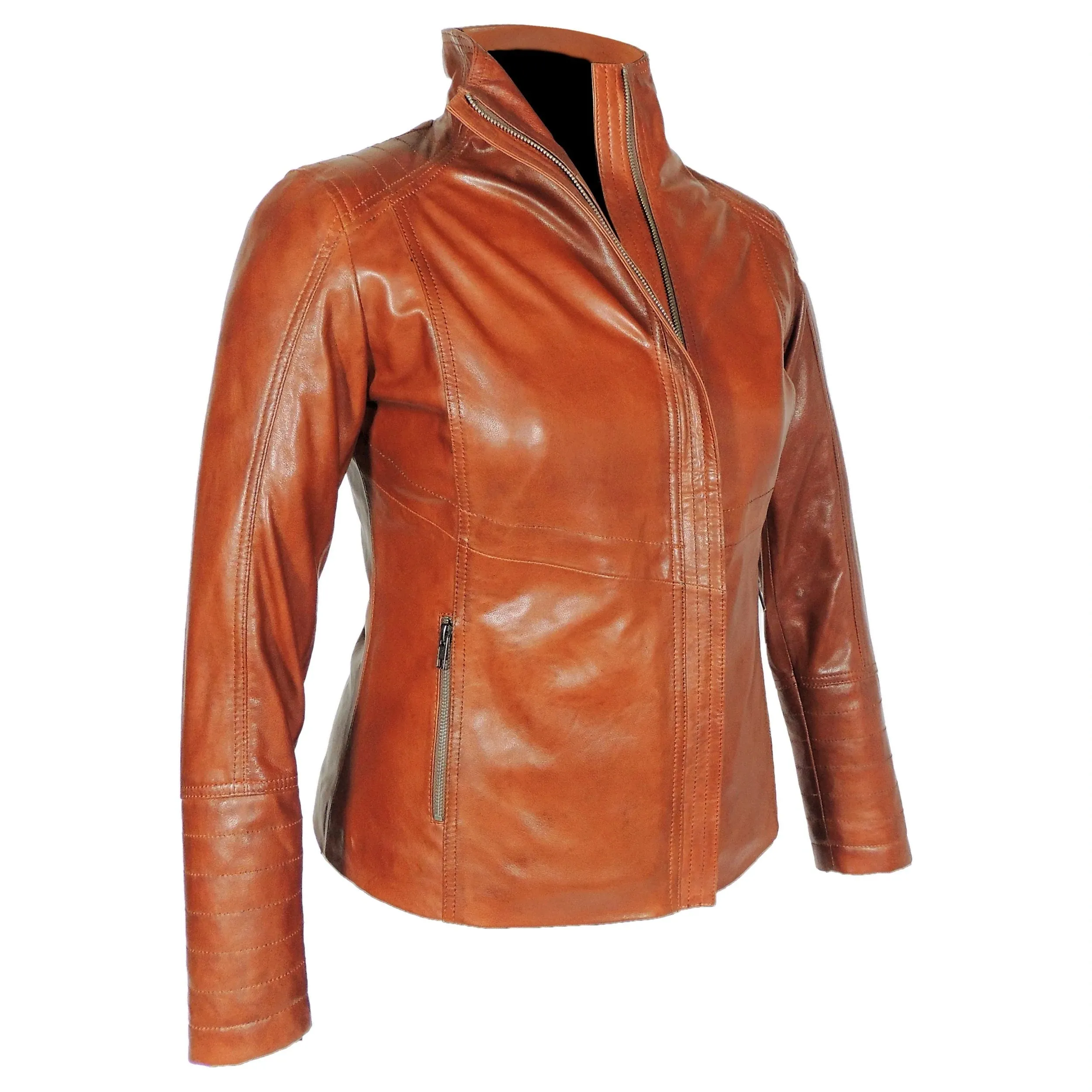 High Collar Women's Sheepskin Leather Jacket