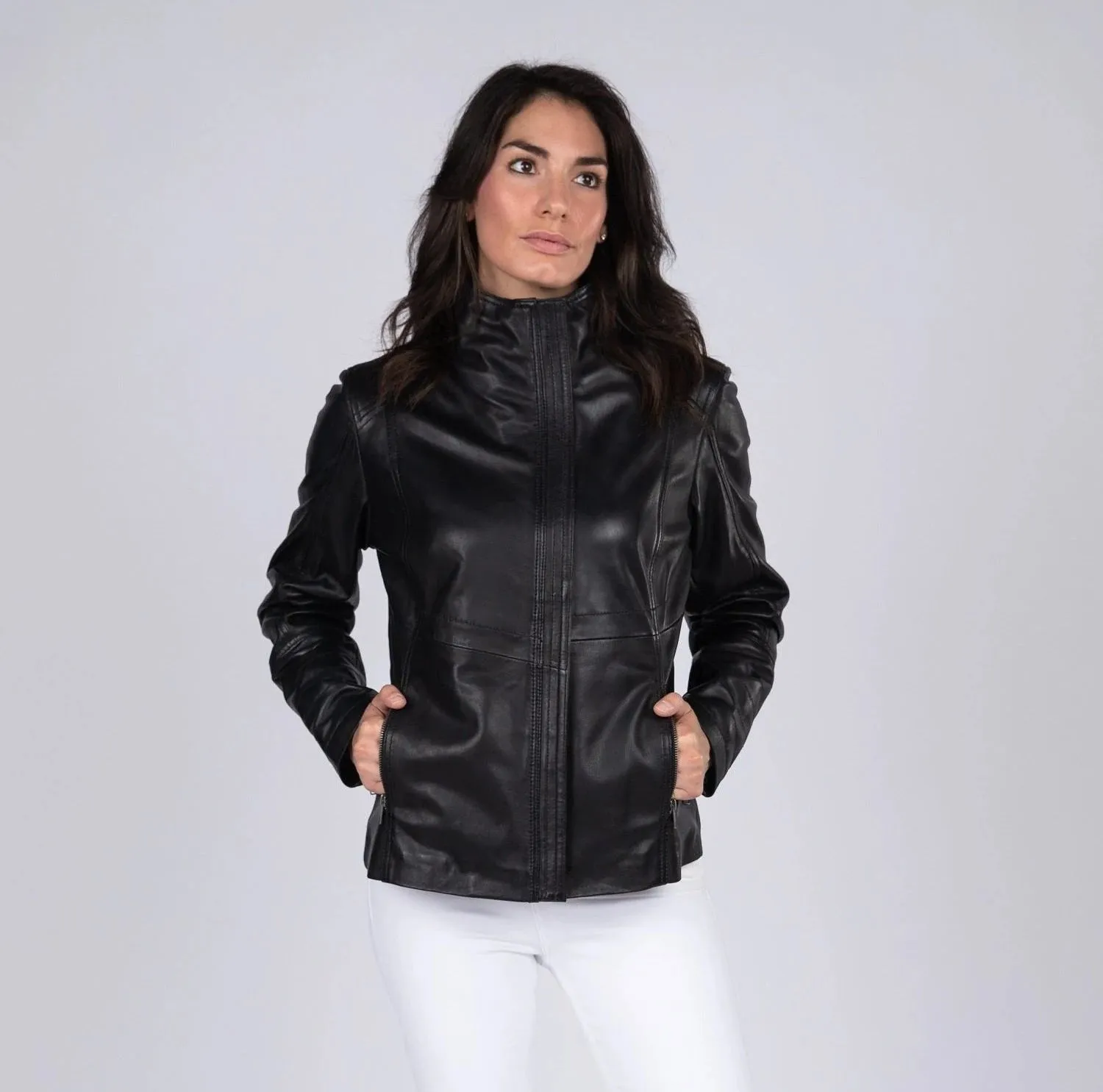 High Collar Women's Sheepskin Leather Jacket