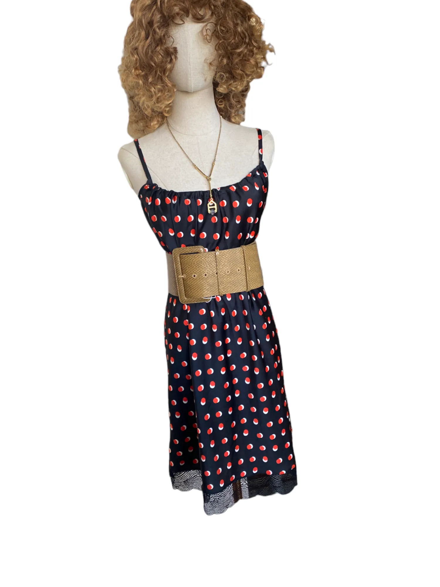KENDALL   KYLIE Slip Style Dress | Navy/Red/White Polka Dots, Lace, Cotton/Modal
