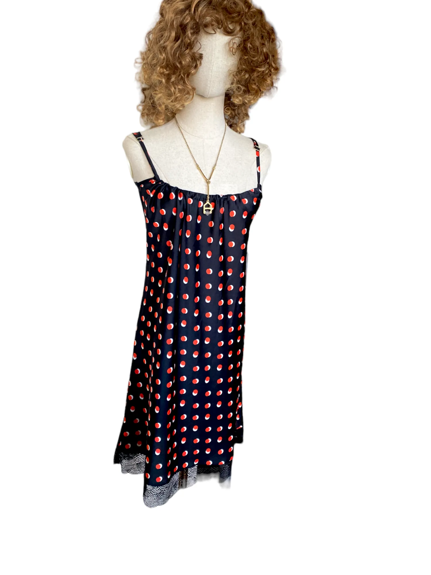 KENDALL   KYLIE Slip Style Dress | Navy/Red/White Polka Dots, Lace, Cotton/Modal