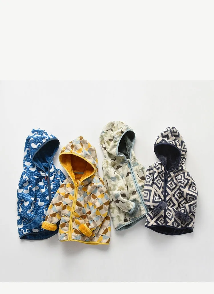 Kids Winter Hooded Fleece Jacket - Birds (2-8 years)