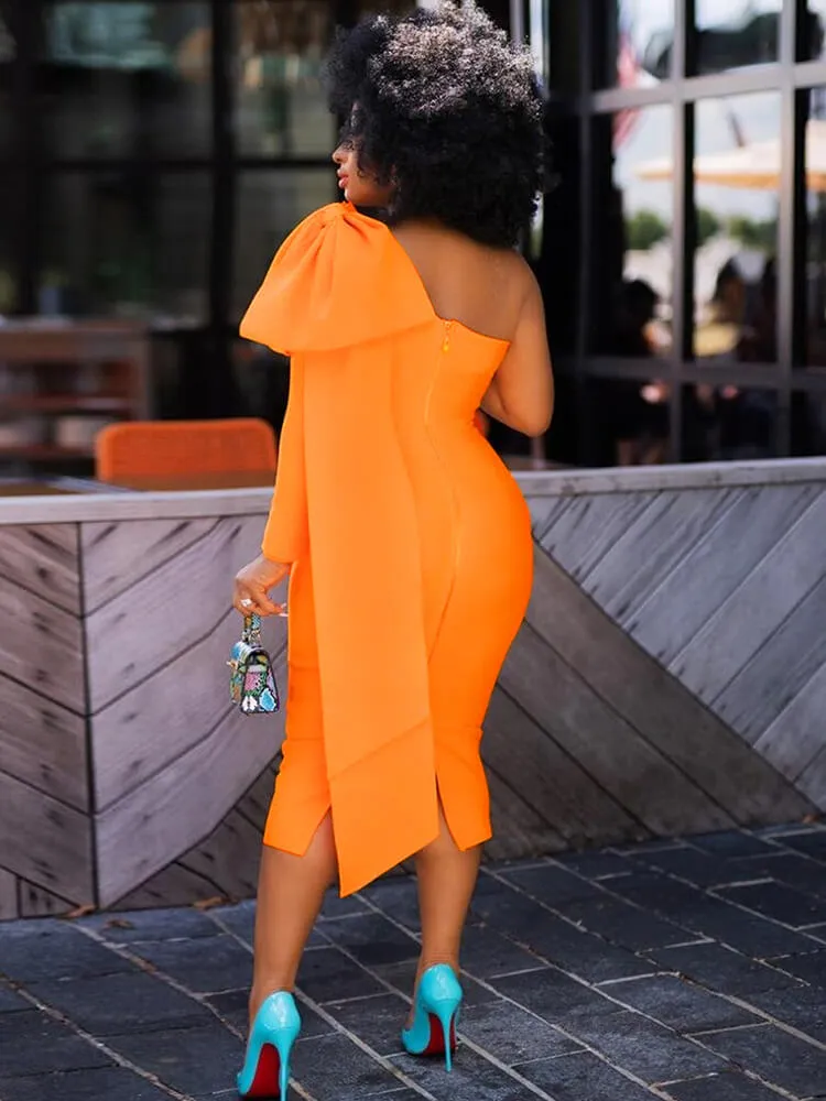Long Sleeve One Shoulder Ruffle Midi Dresses
