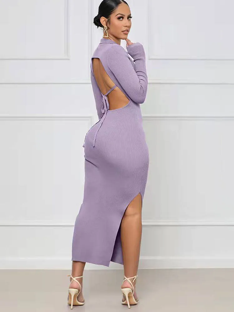 Long Sleeves Backless Split Bodycon Maxi Dresses