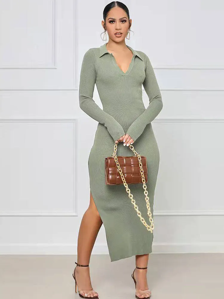Long Sleeves Backless Split Bodycon Maxi Dresses