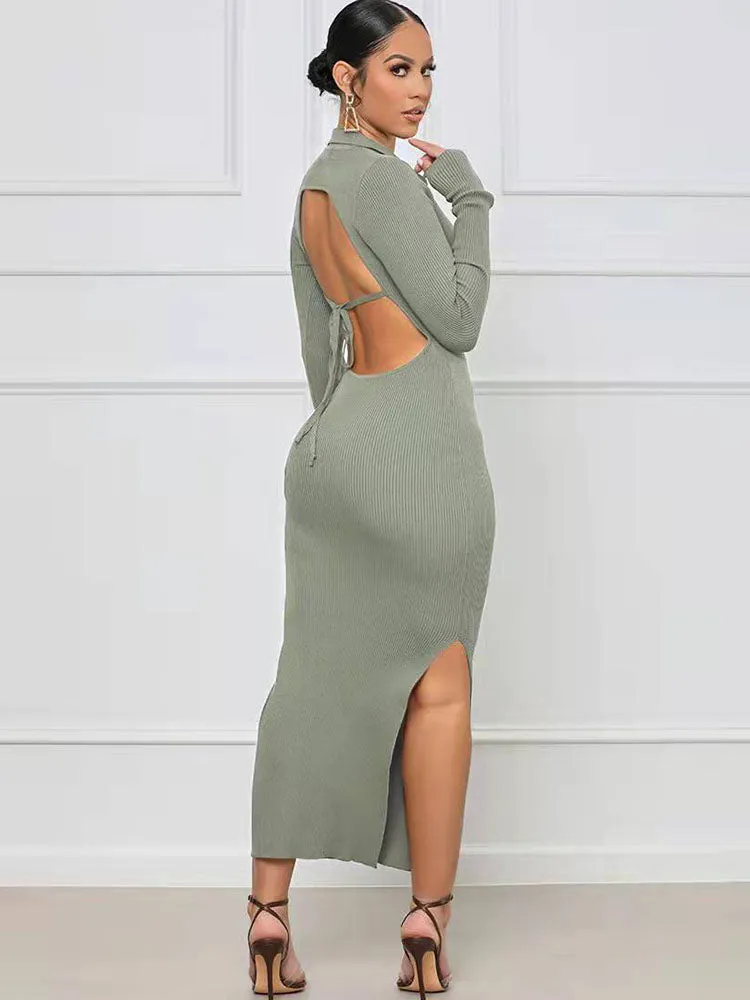 Long Sleeves Backless Split Bodycon Maxi Dresses