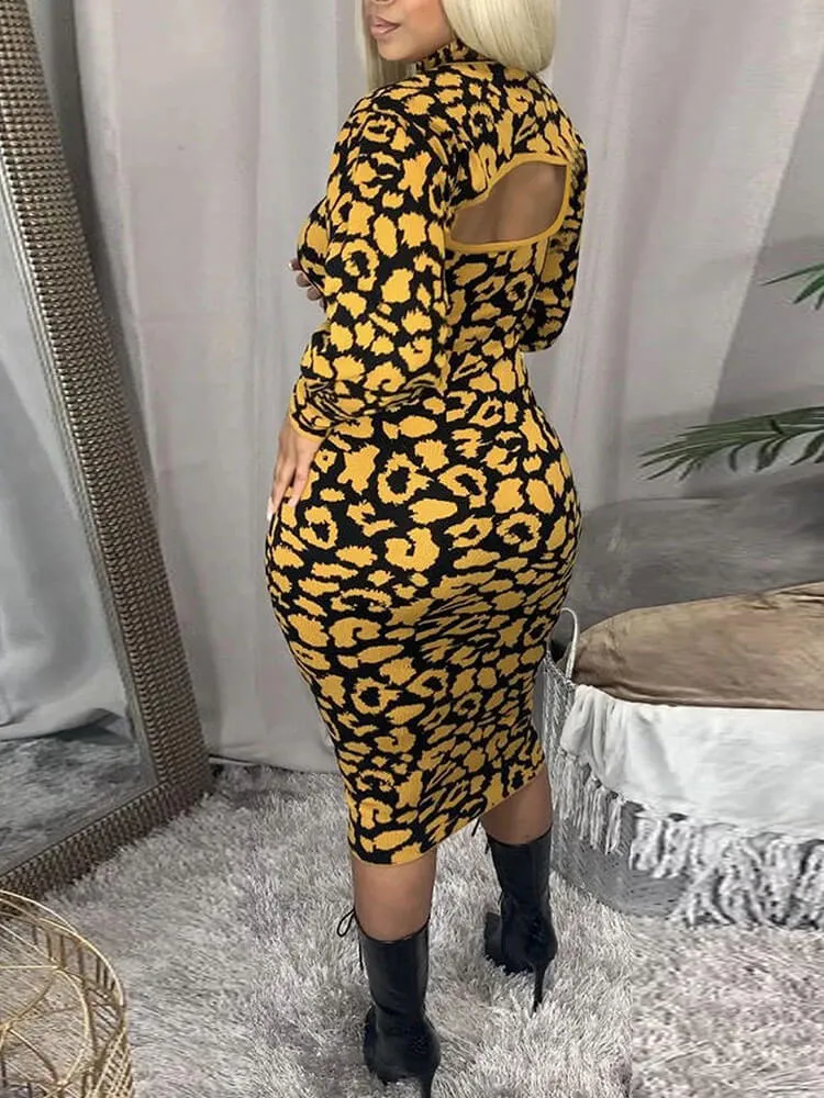 Long Sleeves Leopard Primt Midi Dresses