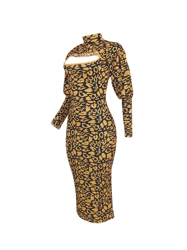 Long Sleeves Leopard Primt Midi Dresses