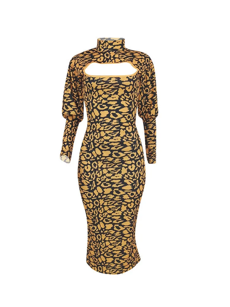 Long Sleeves Leopard Primt Midi Dresses