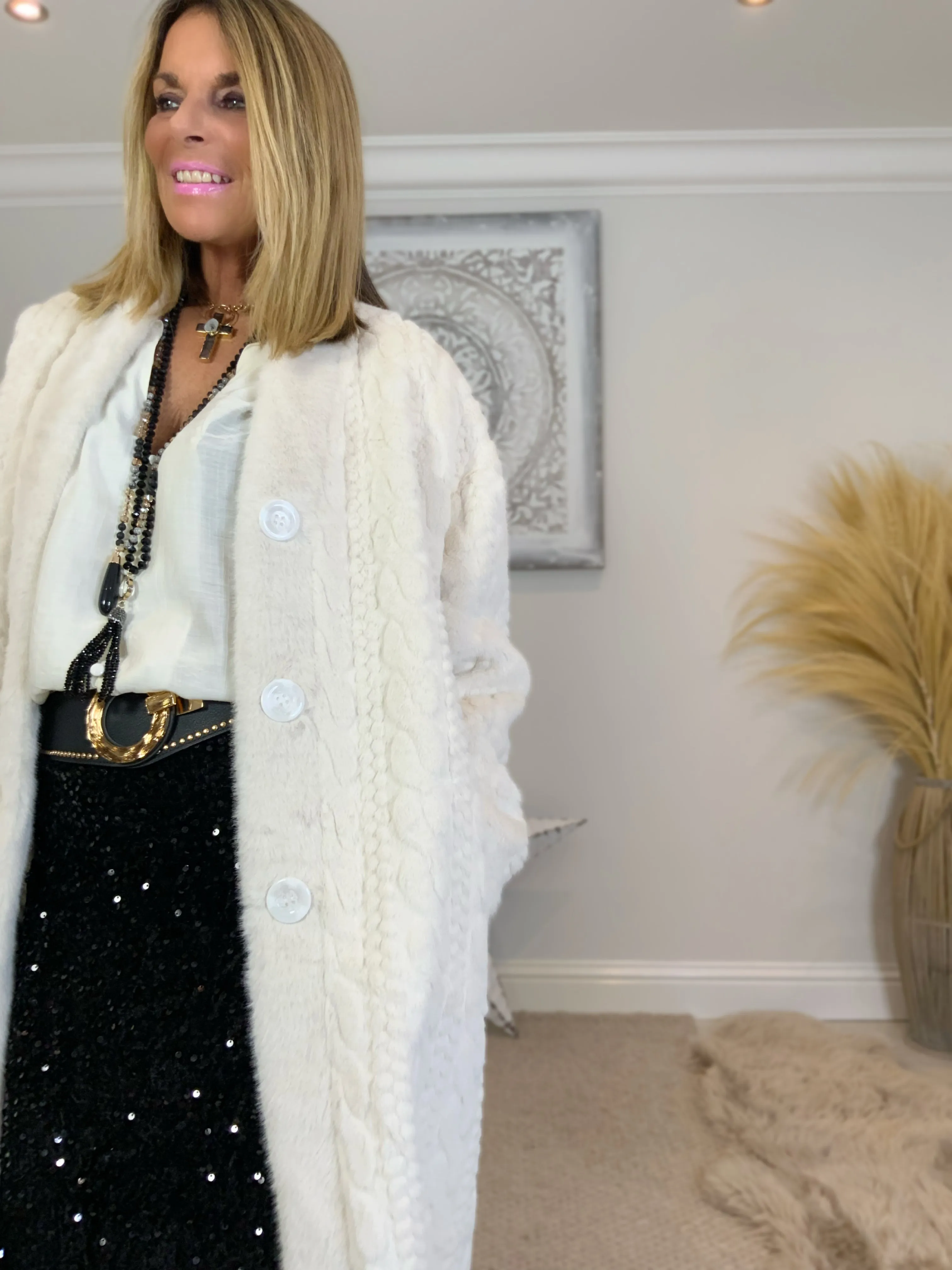 Luxury Faux Fur Cable Coat