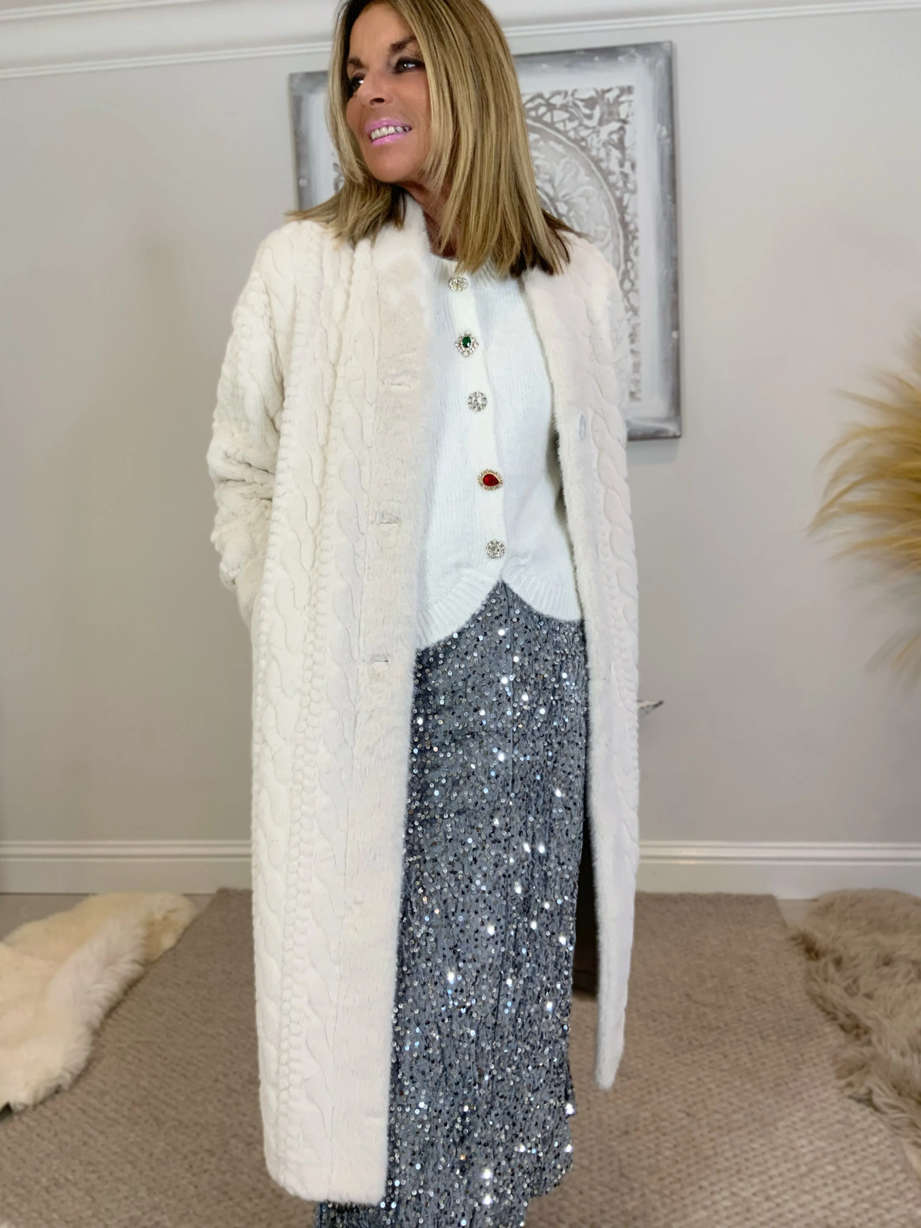 Luxury Faux Fur Cable Coat