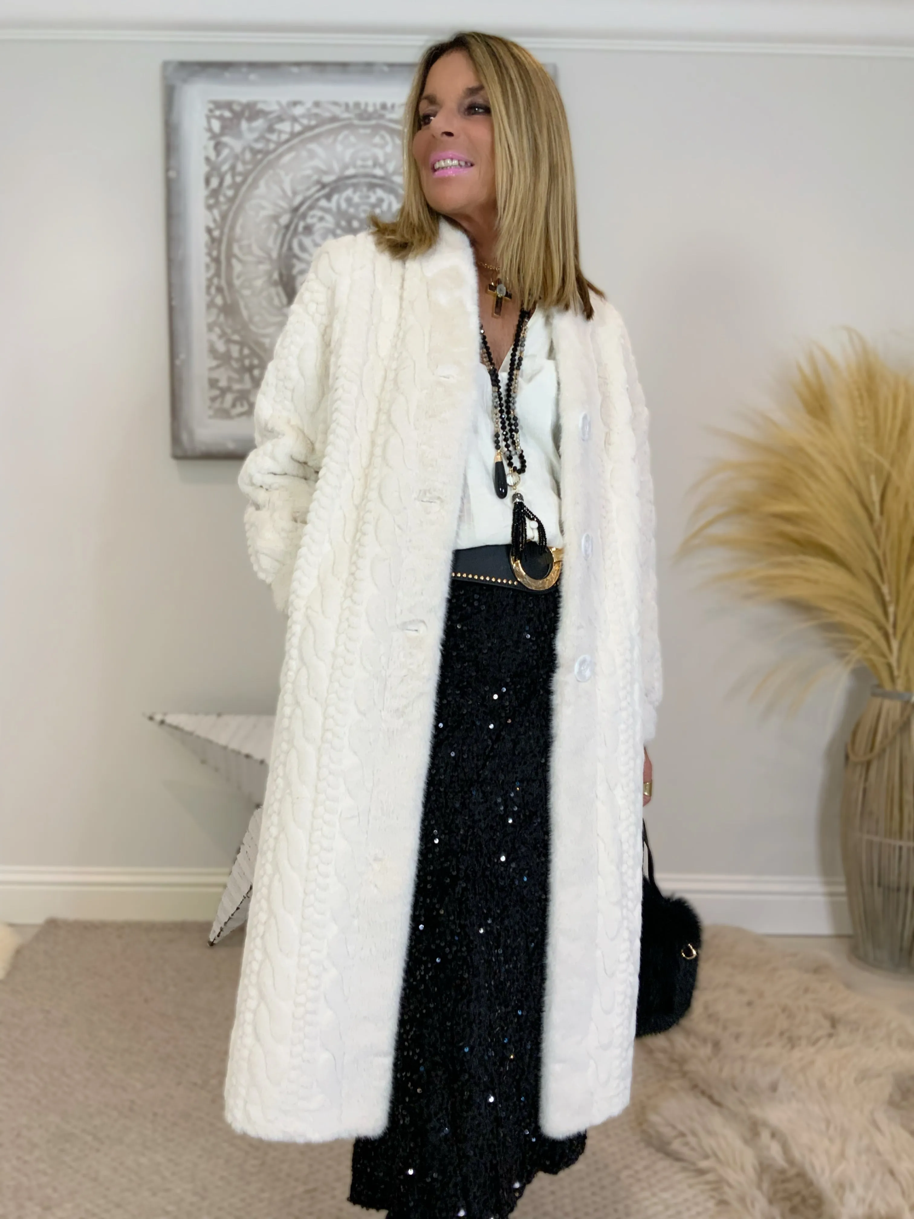 Luxury Faux Fur Cable Coat