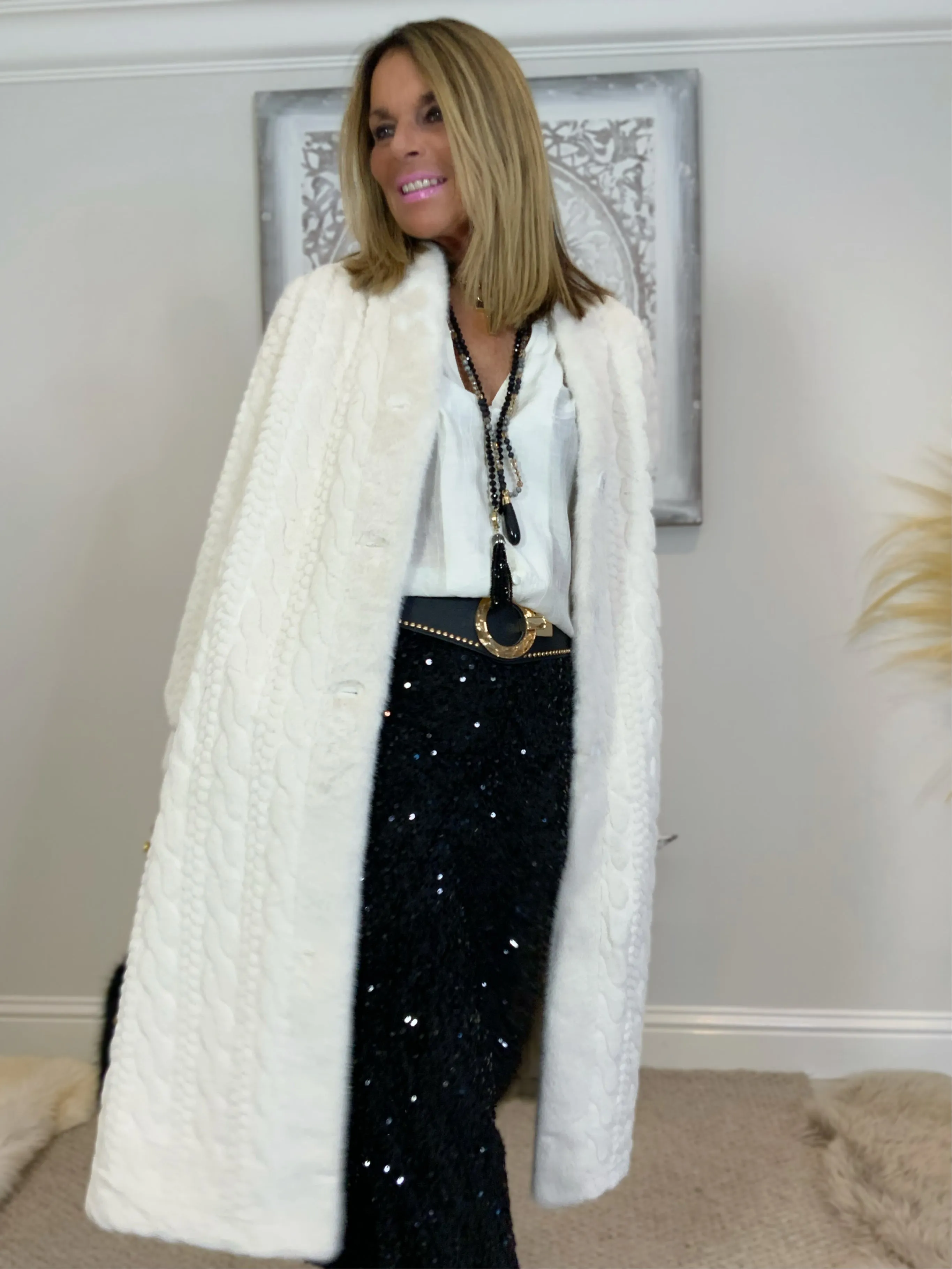 Luxury Faux Fur Cable Coat