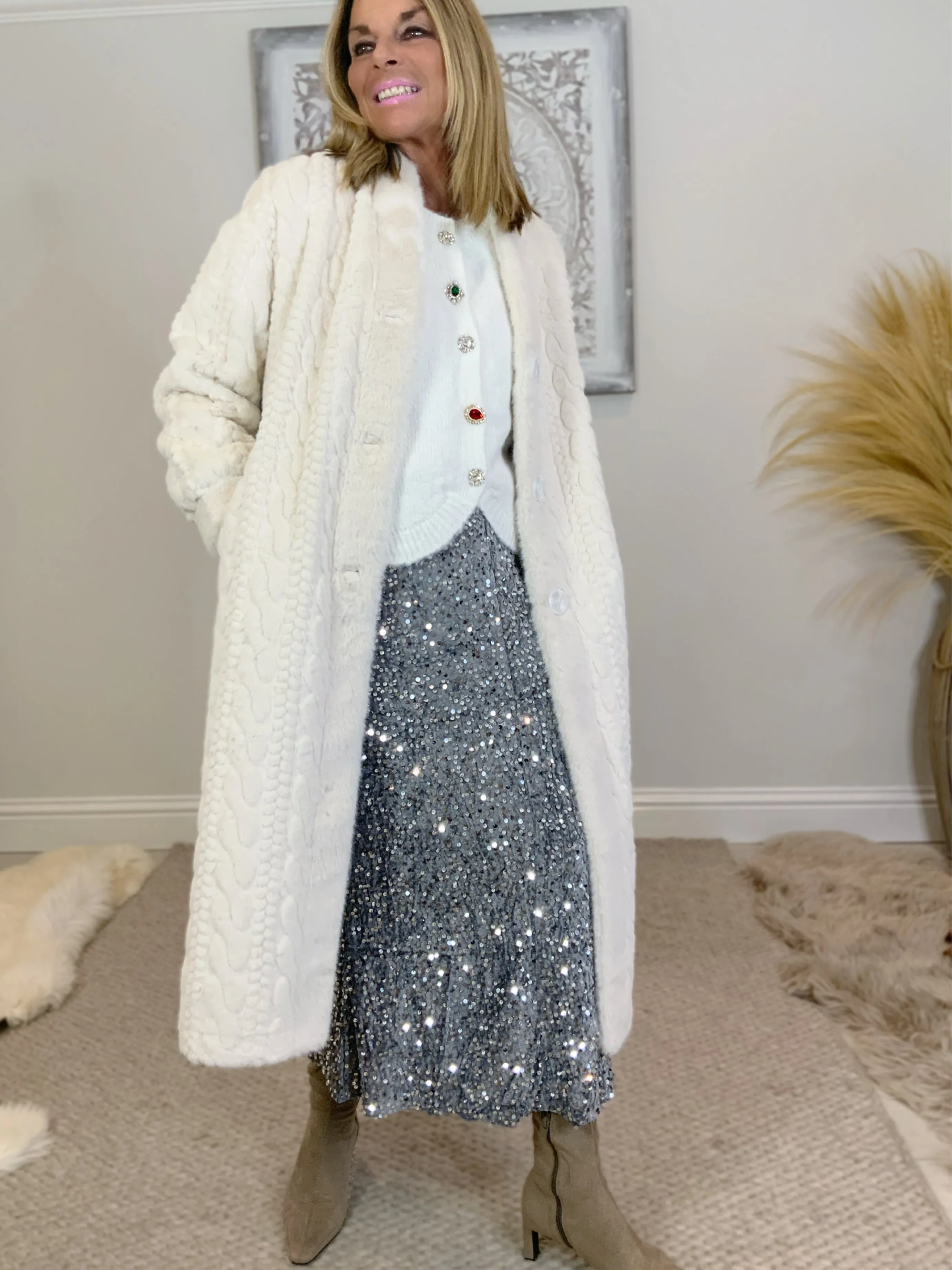 Luxury Faux Fur Cable Coat