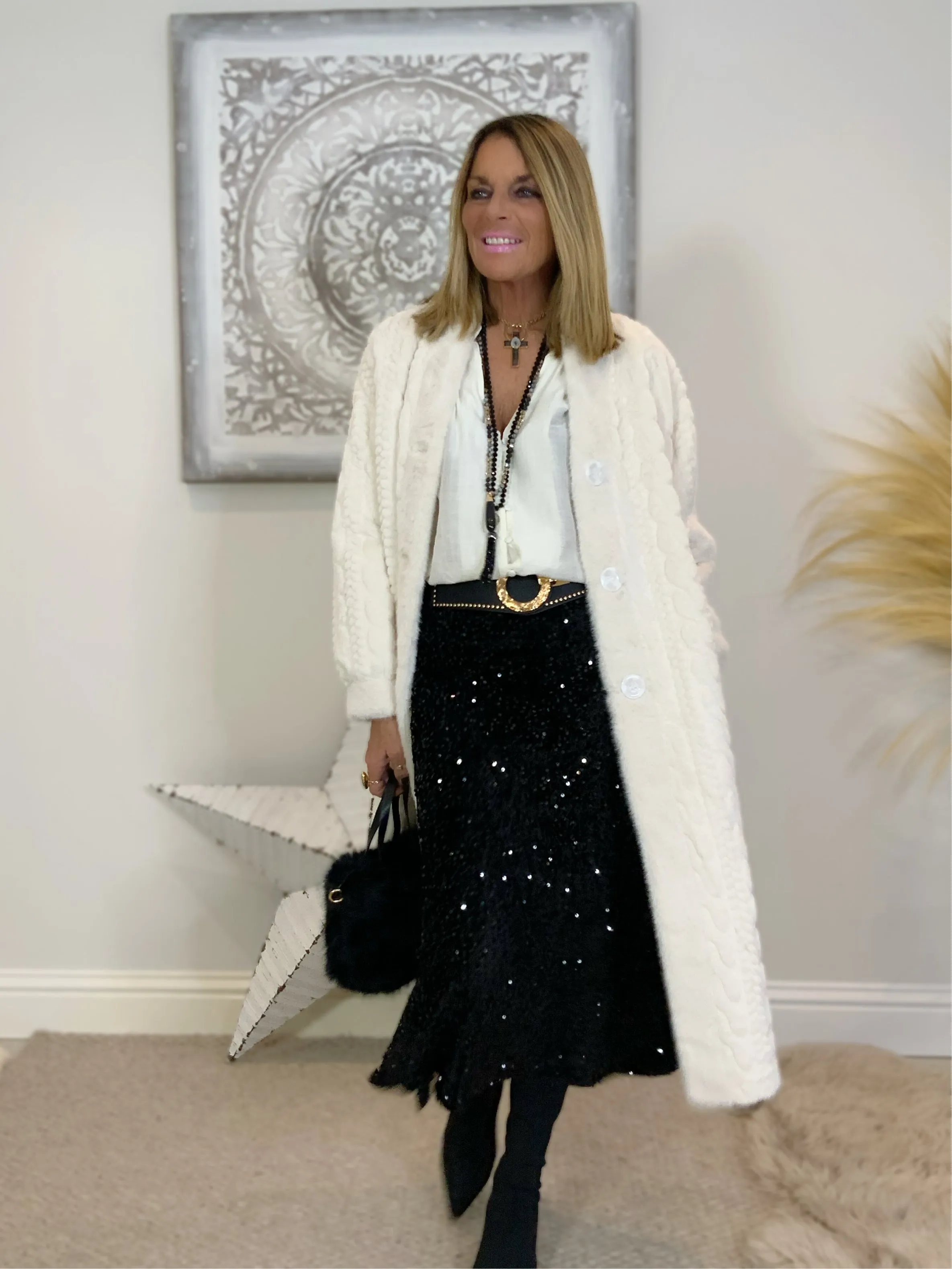Luxury Faux Fur Cable Coat