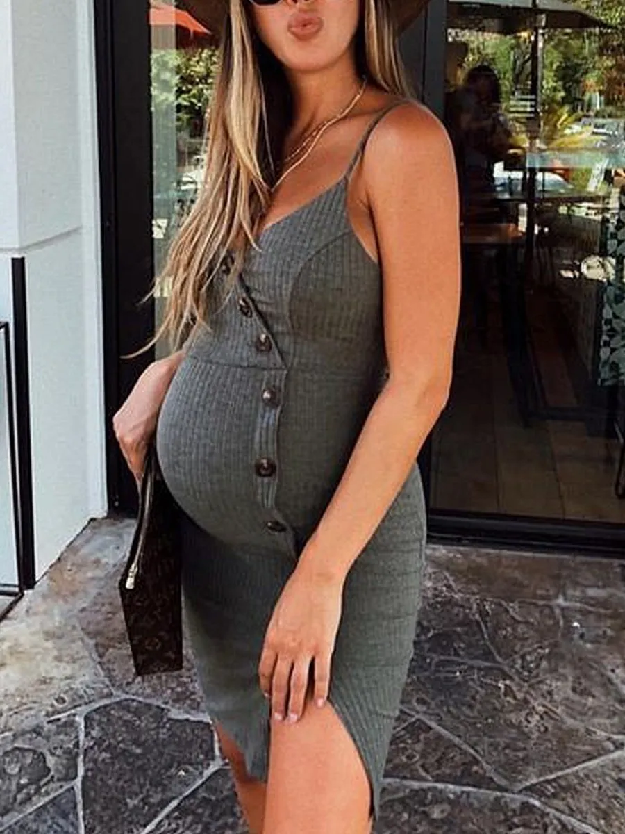 Maternity Slim Solid Color Button Suspender Dress