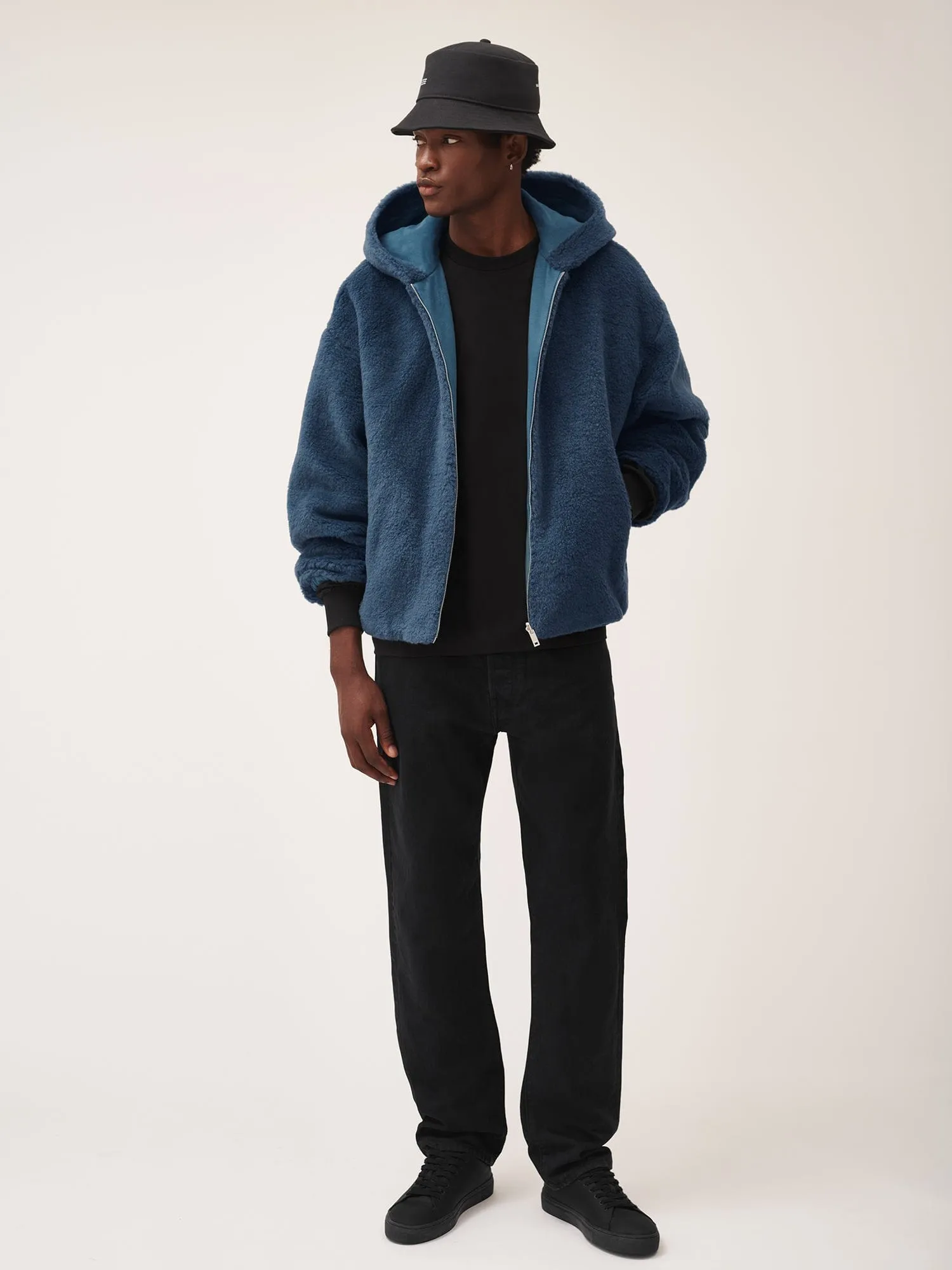 Mens Recycled Wool Fleece Reversible Bomber Jacket—storm blue