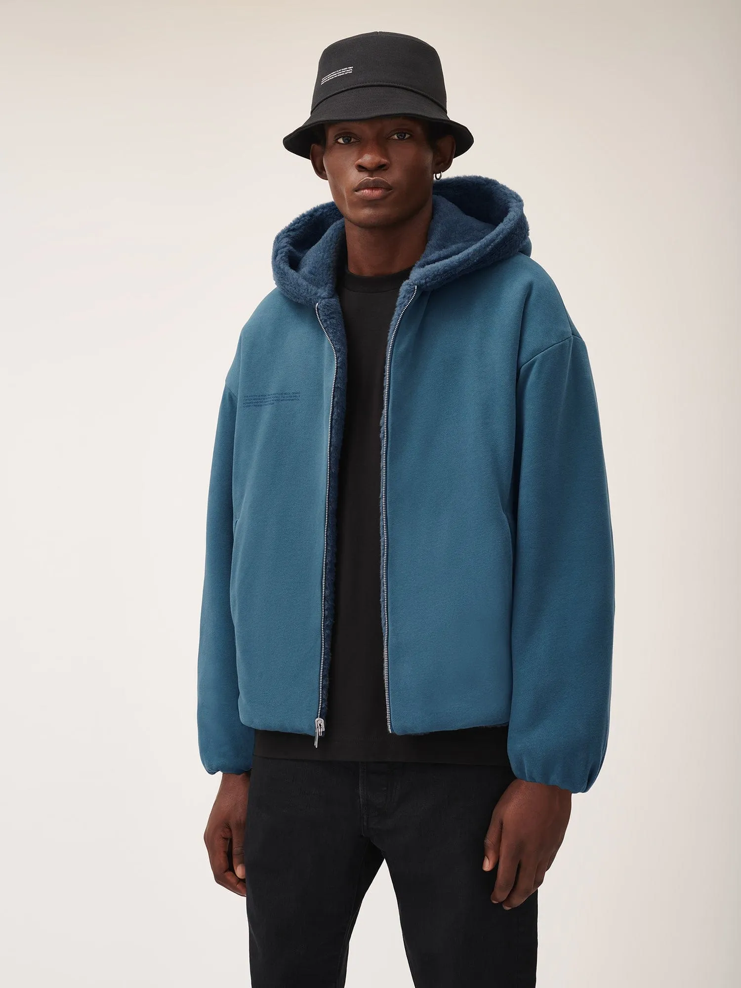 Mens Recycled Wool Fleece Reversible Bomber Jacket—storm blue