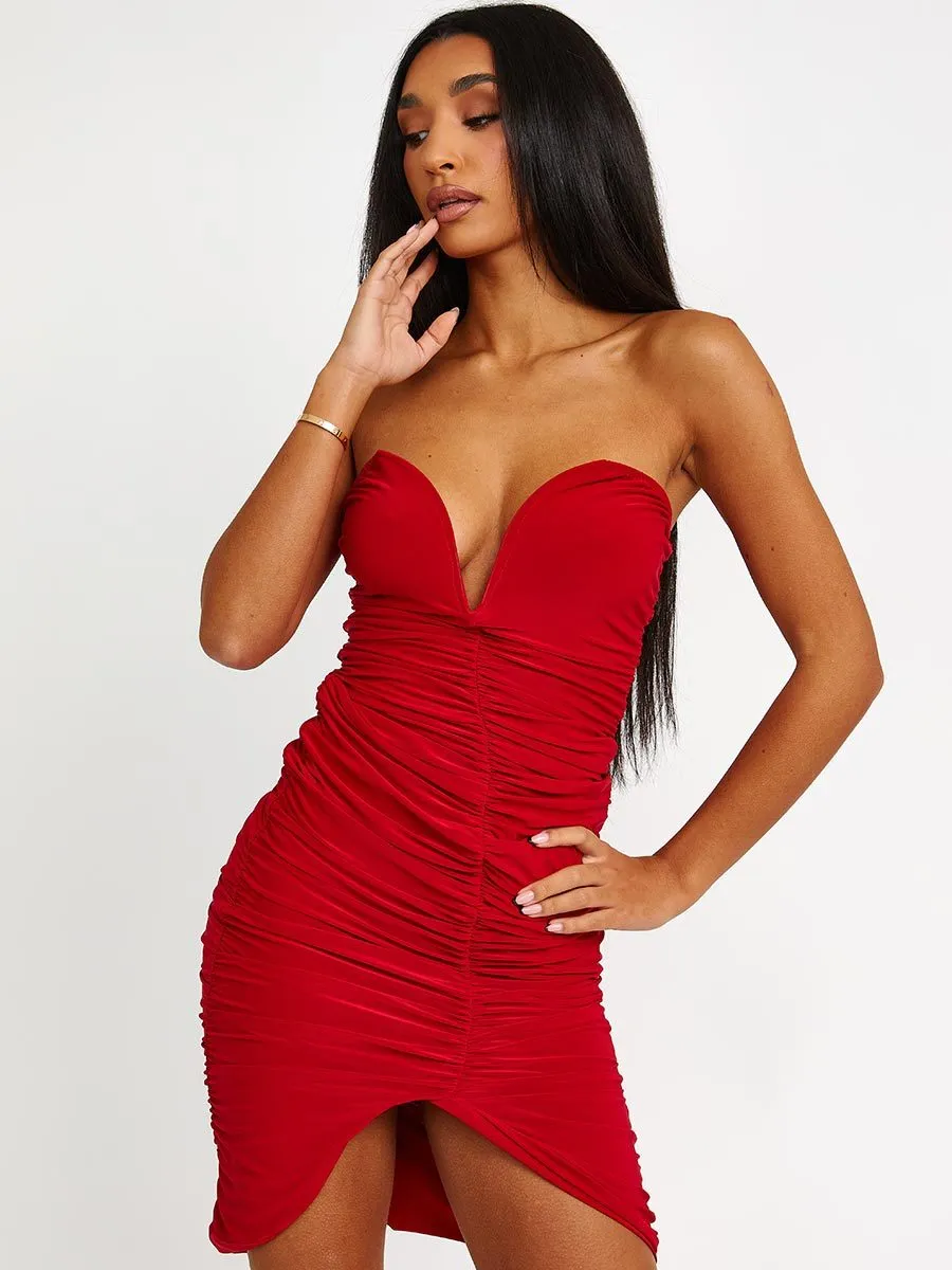 Naomi V-Bar Slinky Ruched Bandeau Dress In Red