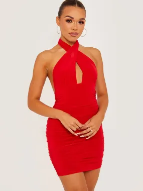 Naya Cross Front Slinky Halter Ruched Dress In Red
