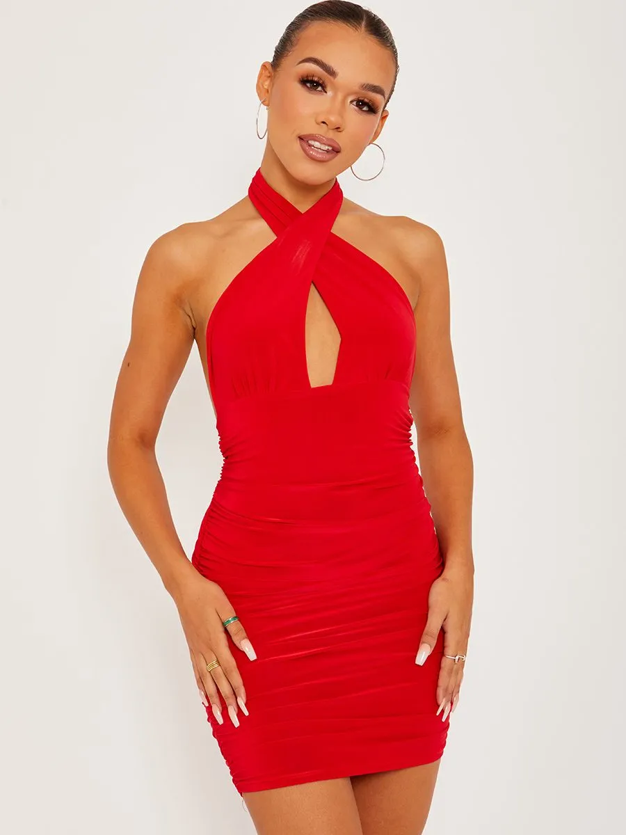 Naya Cross Front Slinky Halter Ruched Dress In Red