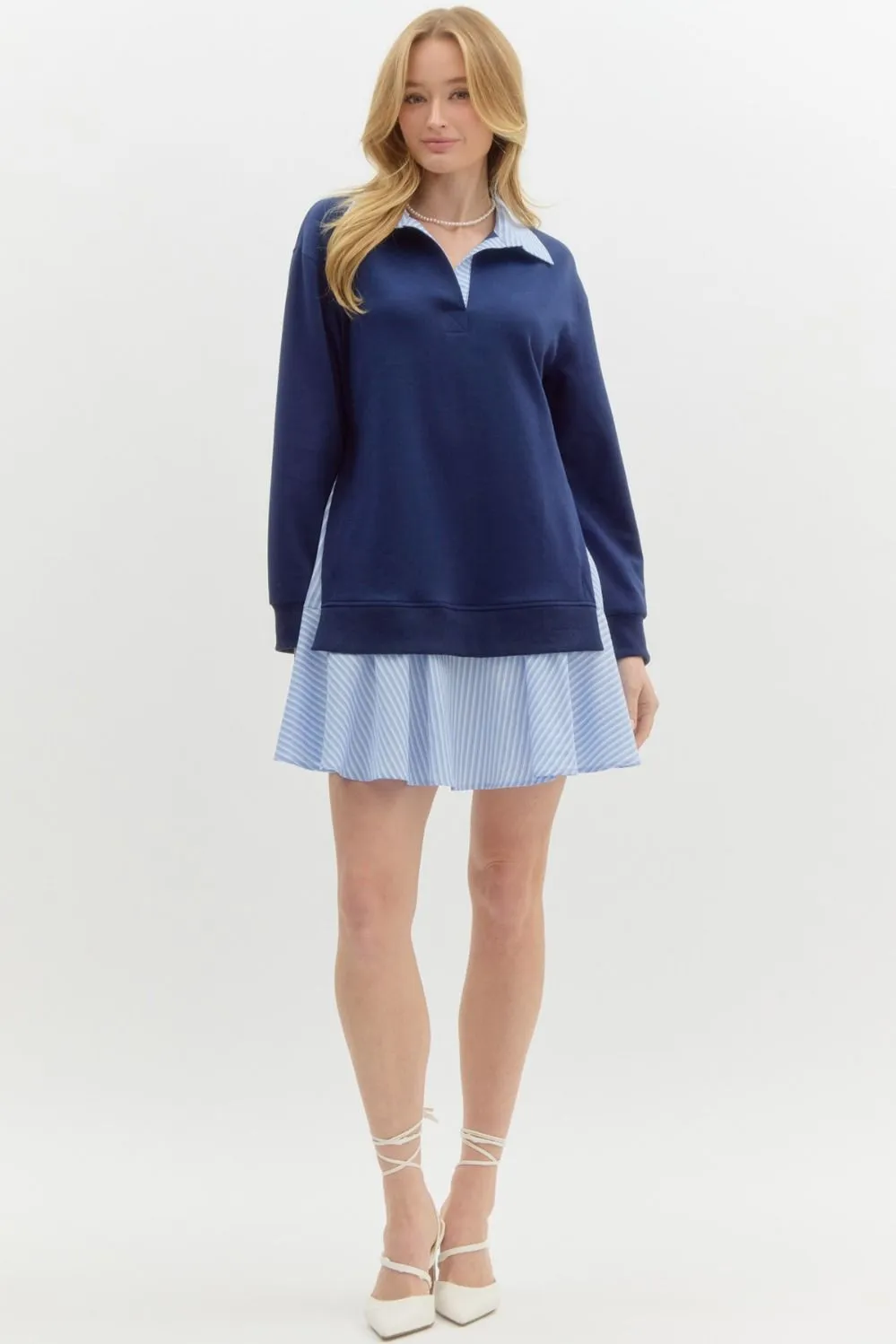 NEWEST ARRIVAL Navy/Blue Striped Pullover Long Sleeve Dress