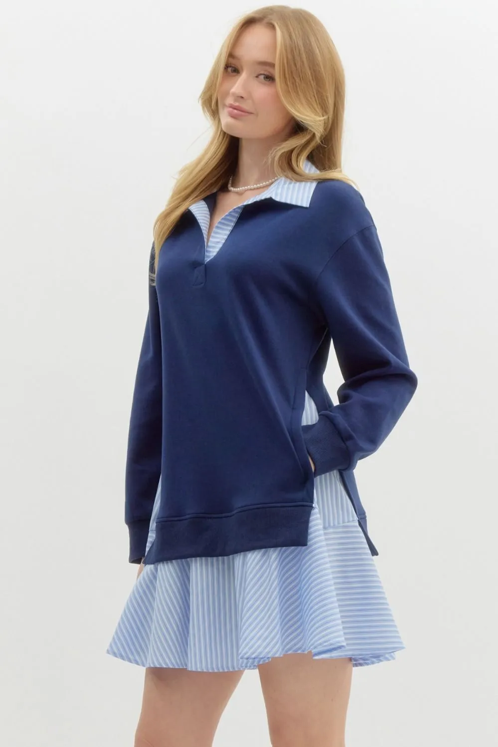 NEWEST ARRIVAL Navy/Blue Striped Pullover Long Sleeve Dress