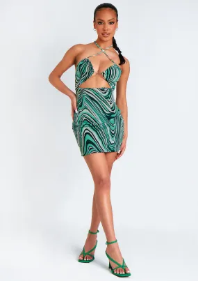 Nicola Green Printed Halter Neck Cut Out Mini Dress