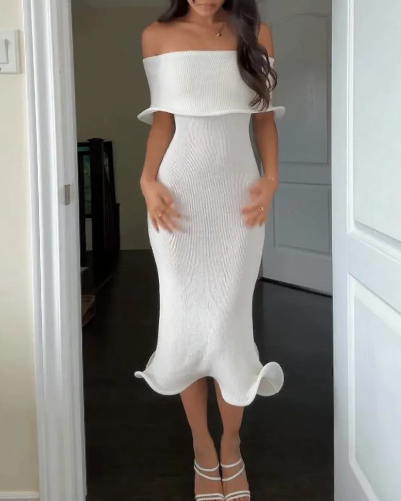 Off-neck Slim-fit Sexy Sleeveless Solid Color Dress