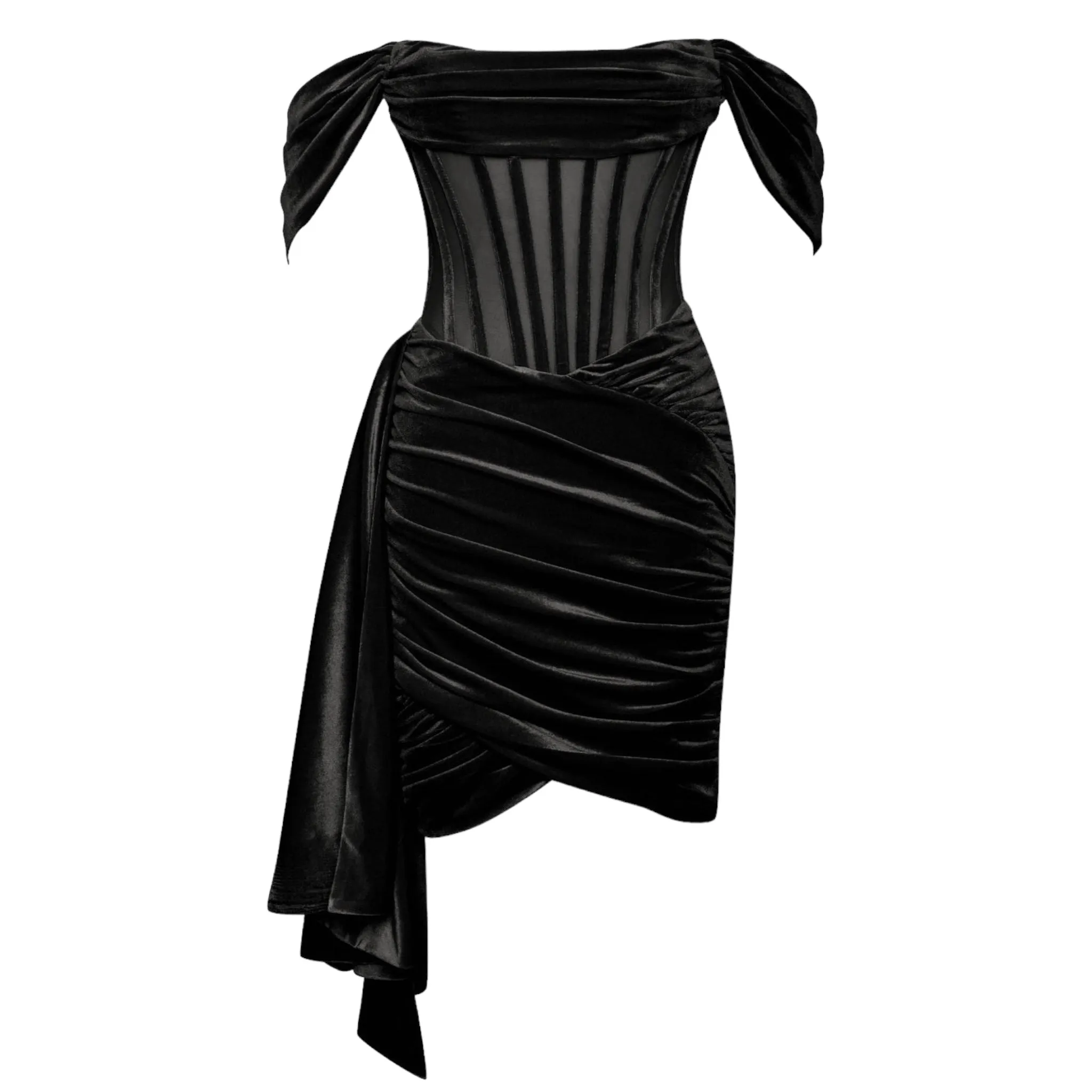 Off Shoulder Velvet Fishbone Bodycon Dress