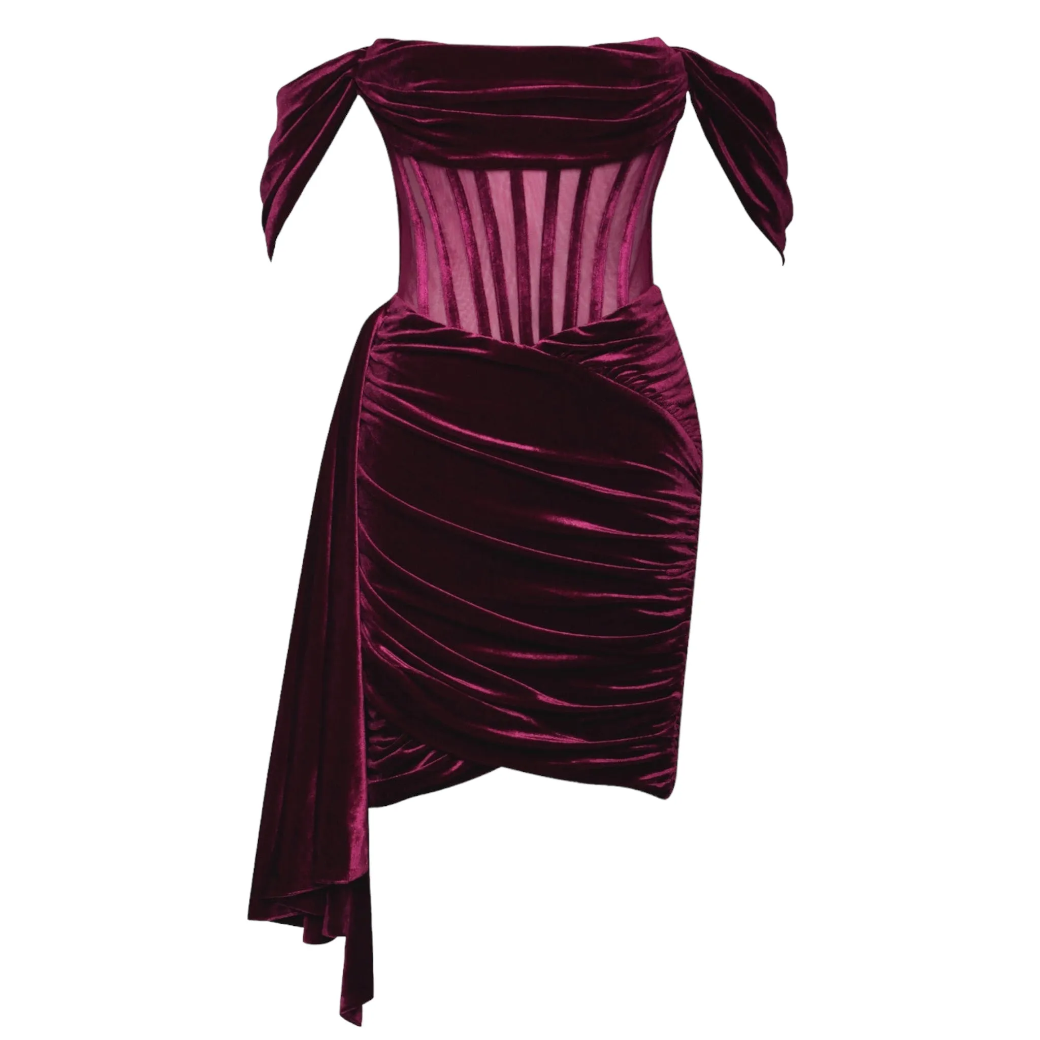 Off Shoulder Velvet Fishbone Bodycon Dress