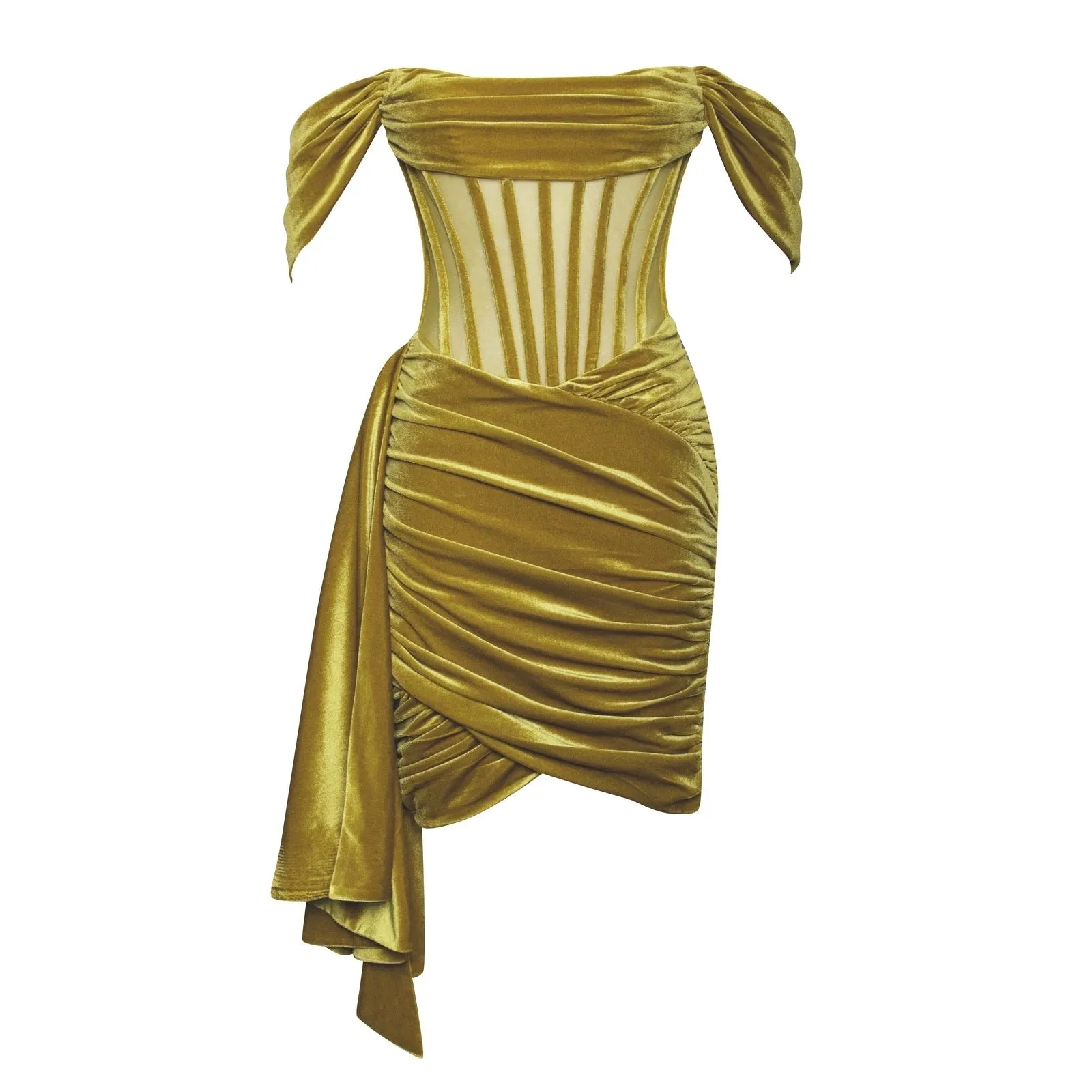 Off Shoulder Velvet Fishbone Bodycon Dress
