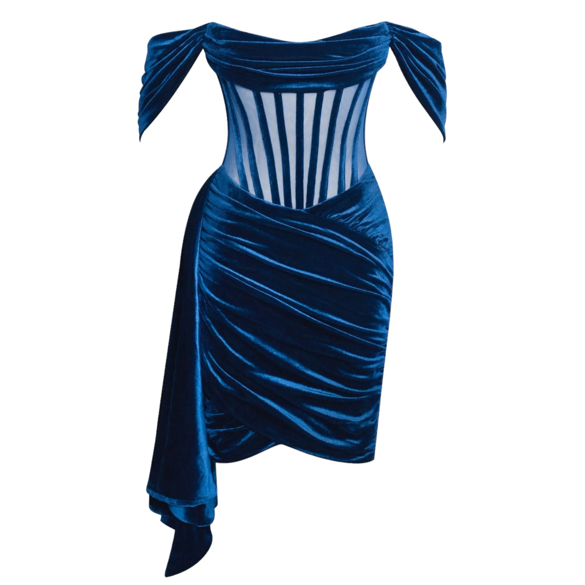 Off Shoulder Velvet Fishbone Bodycon Dress