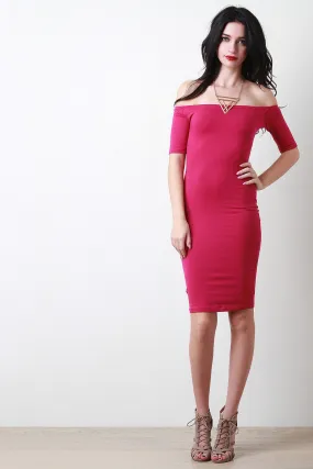 Off-The-Shoulder Elbow Sleeves Bodycon Midi Dress