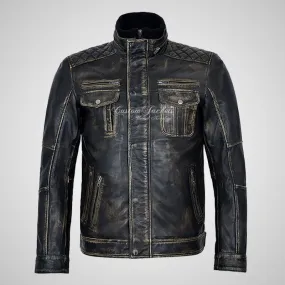 PHAN-TOM Mens Detachable Double Collar Vintage Leather Biker Jacket