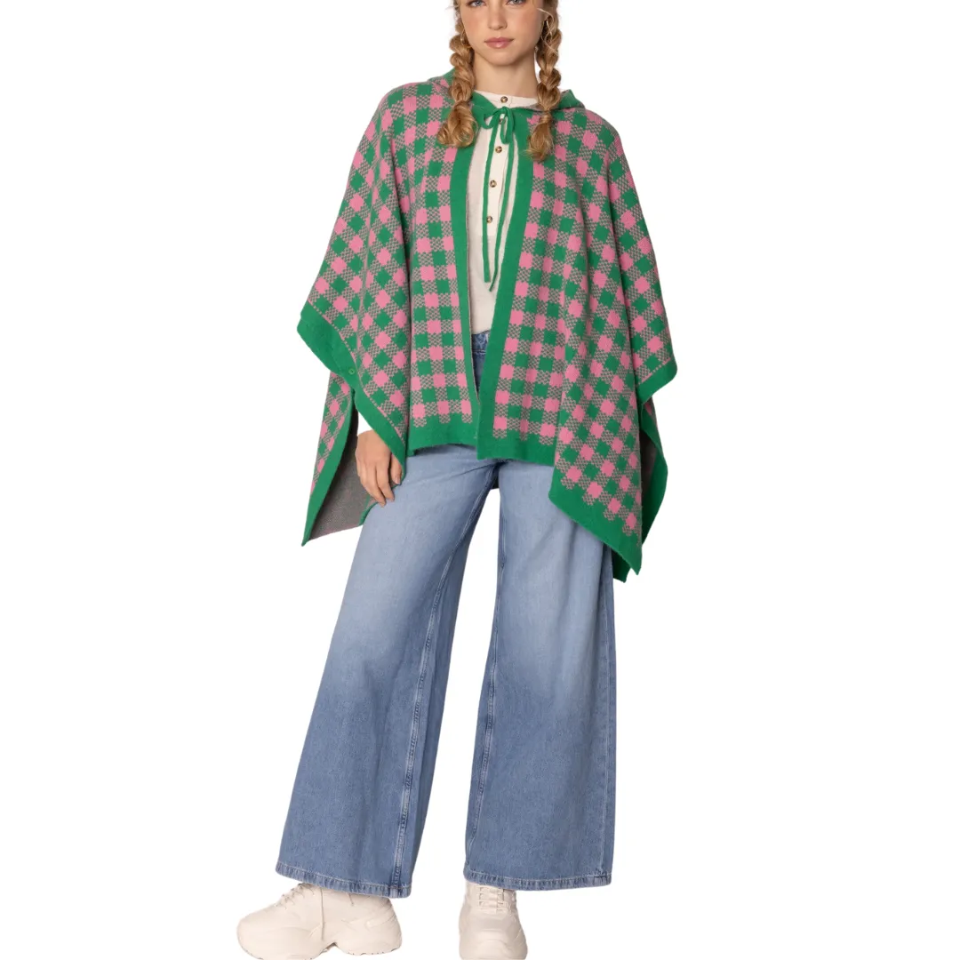 Pink & Green Tie-Neck Cape – Elegant & Timeless
