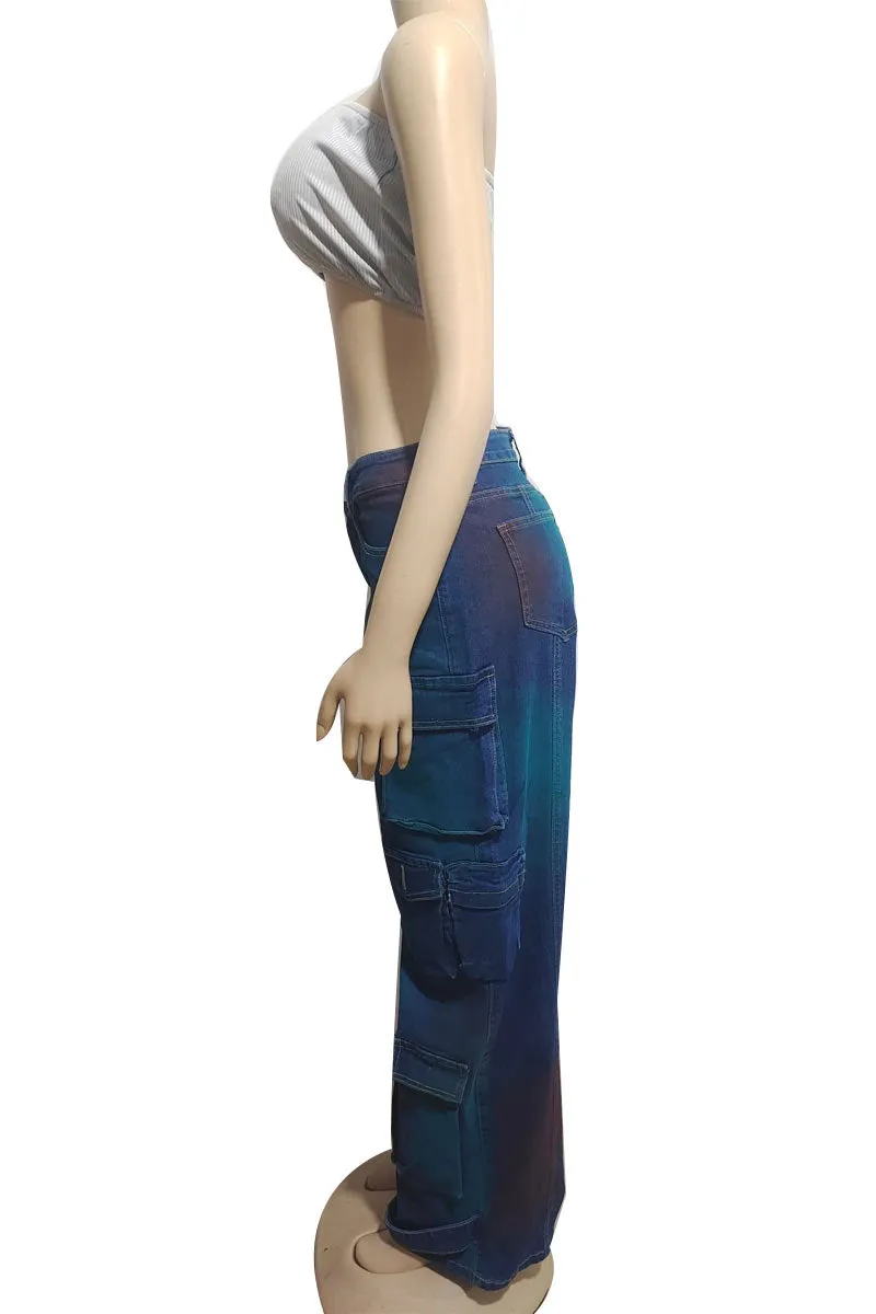 PK0450 Tie Dye Denim Cargo Jeans
