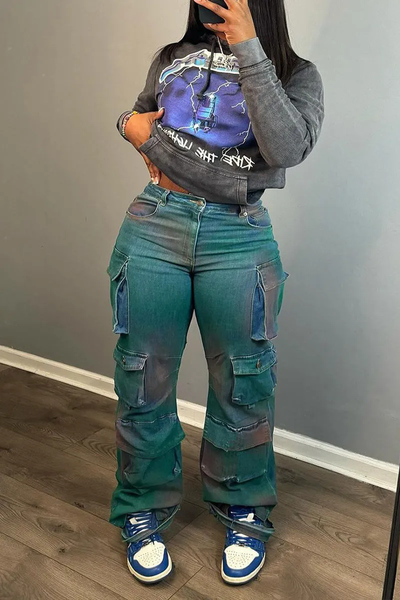 PK0450 Tie Dye Denim Cargo Jeans
