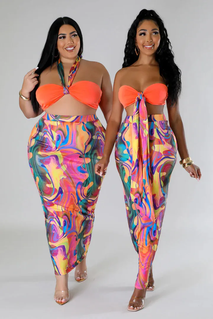 Plus   Curve Sensational Bikini Halter Top Multi-Color Maxi Skirt Set