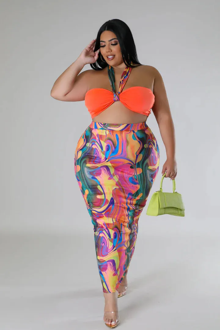Plus   Curve Sensational Bikini Halter Top Multi-Color Maxi Skirt Set