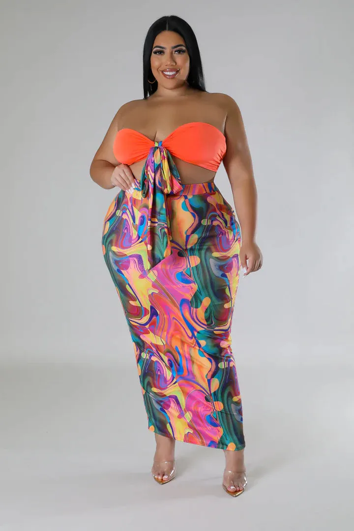 Plus   Curve Sensational Bikini Halter Top Multi-Color Maxi Skirt Set