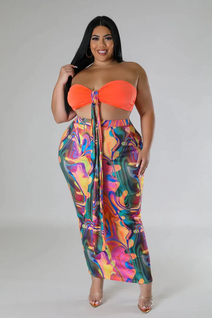Plus   Curve Sensational Bikini Halter Top Multi-Color Maxi Skirt Set
