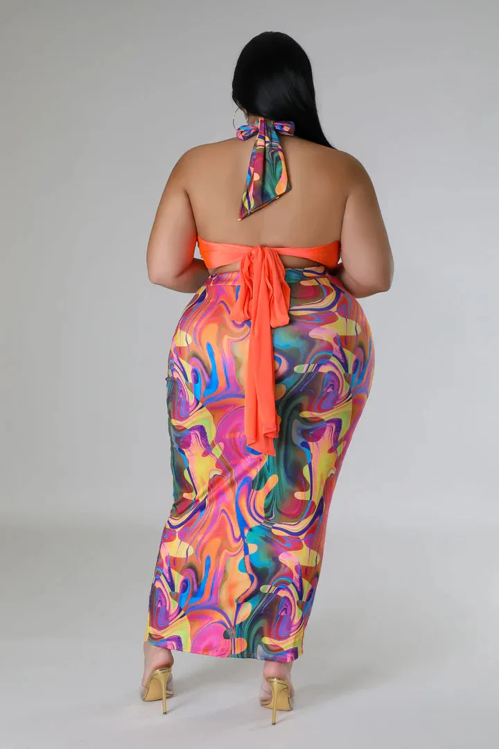 Plus   Curve Sensational Bikini Halter Top Multi-Color Maxi Skirt Set