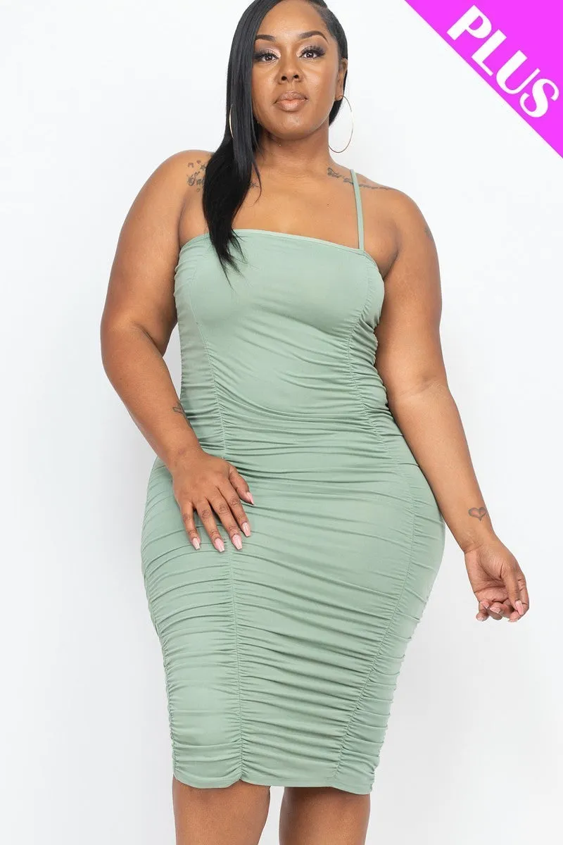 Plus Size Green Bay Spaghetti Strap Double Ruched Front And Back Mini Bodycon Dress