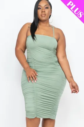 Plus Size Green Bay Spaghetti Strap Double Ruched Front And Back Mini Bodycon Dress