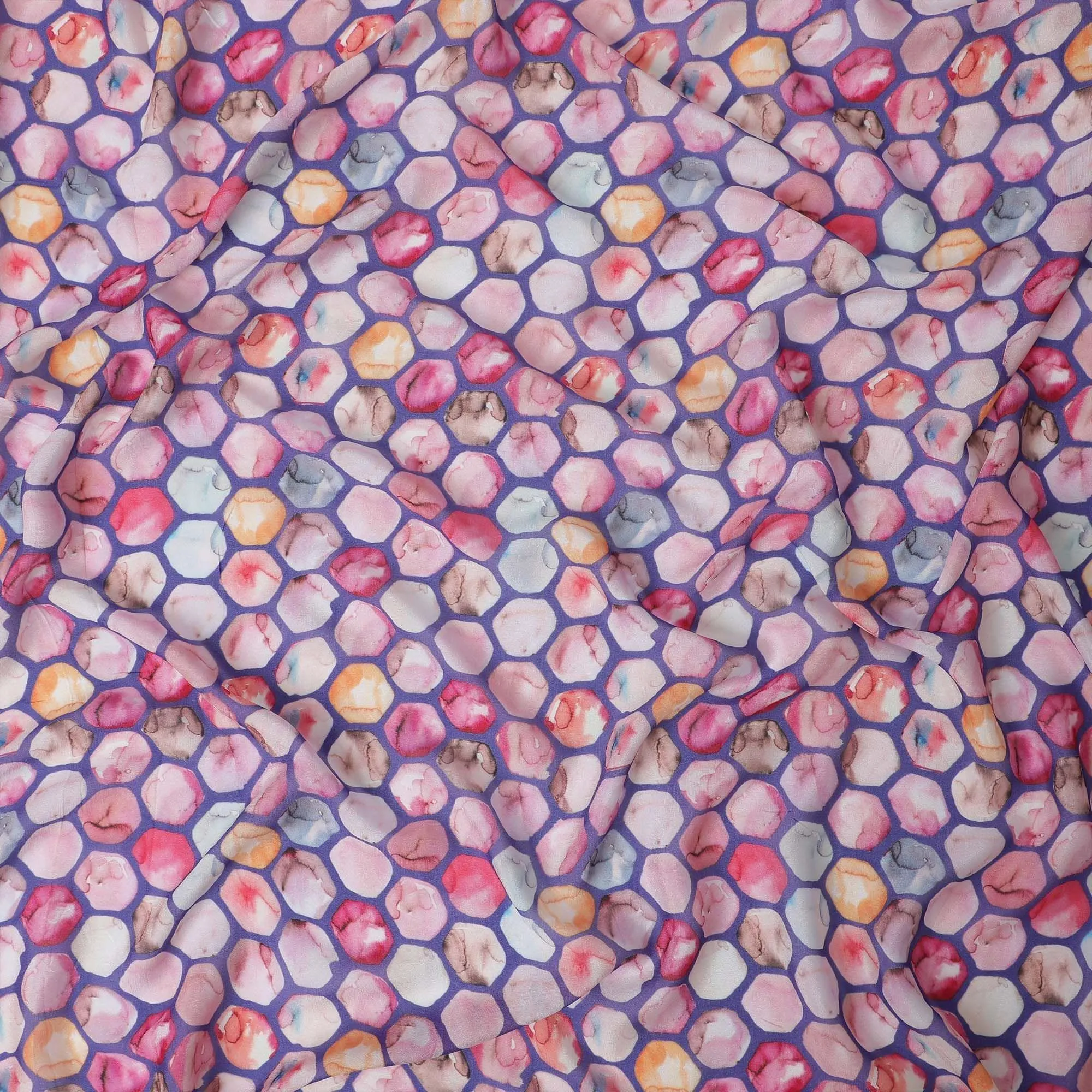 Purplish blue synthetic georgette fabric with multicolor print in geometric design-DD13314
